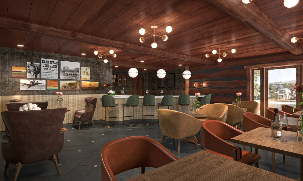 Interior of a stylish restaurant featuring wooden beams, upholstered chairs, a bar area, and decorative artwork on the walls.